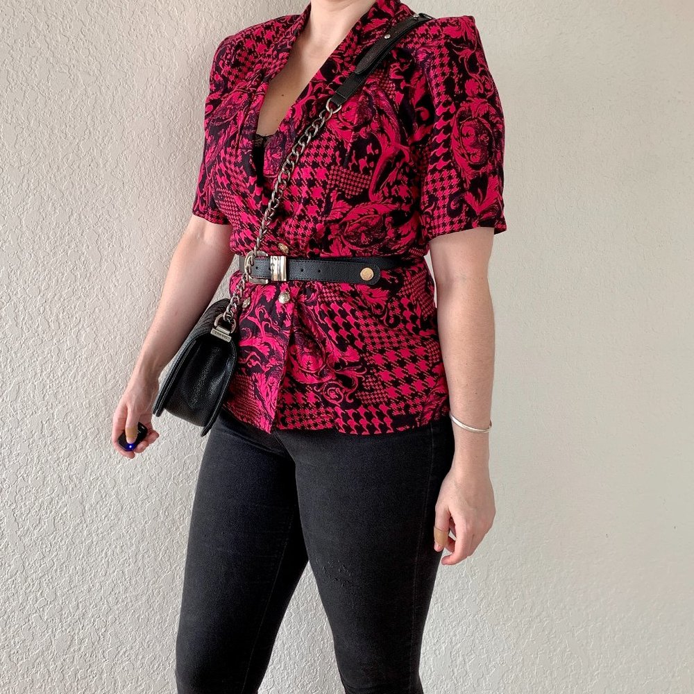 Vintage Pink and Black Blouse, 80's Power Blazer